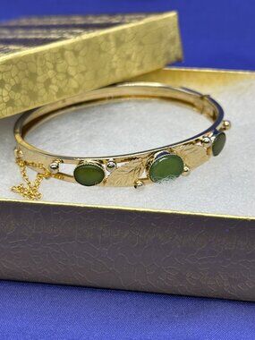 VTG Signed Russel 12KT GF Nephrite Jade Cabochon Cuff Bracelet